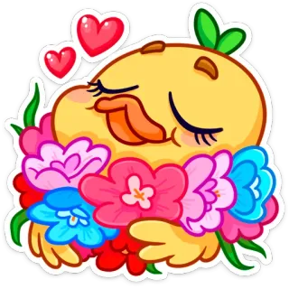 ☺️ duck, cartoon, flowers, cute, hearts, animal, bird, kawaii whatsapp sticker
