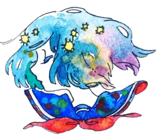 😞 Anime, Cô gái, Màu nước, Minh họa, Ngôi sao, Xanh dương, Váy telegram sticker