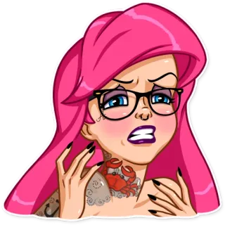 😫 Cartoon, Tattoo, Krabbe, Brille, Pinke Haare, Frau telegram sticker