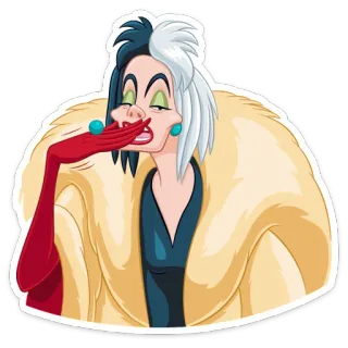 😴 Cruella de Vil 101 Dalmatians Cruella de Vil, villano, Disney, 101 dálmatas, dibujos animados, moda, abrigo de piel whatsapp sticker