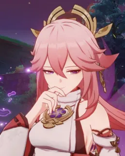 🦊 Yae Miko Genshin Impact Аниме, Видеоигра, Розовые волосы, Лиса whatsapp sticker