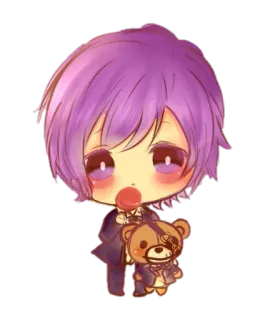 🍭 Animé, Dessin animé, Chibi, Mignon, Ours en peluche, Sucette, Cheveux violets telegram sticker