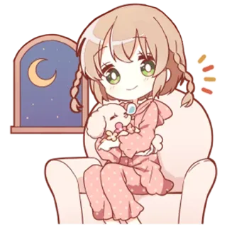 💤 Anime, Garota, Pijama, Cachorro, Lua, Noite, Janela, Desenho animado telegram sticker