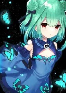🦋 Chica anime, Pelo turquesa, Vestido azul, Mariposa, Lindo, Dibujos animados, Ilustración telegram sticker