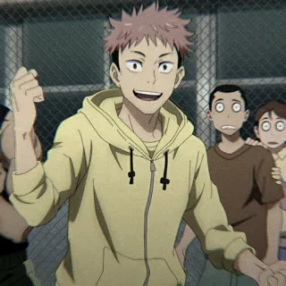 ✨ Yuji Itadori Jujutsu Kaisen anime, dibujos animados, Yuji Itadori, Jujutsu Kaisen, sonriendo, sudadera amarilla telegram sticker