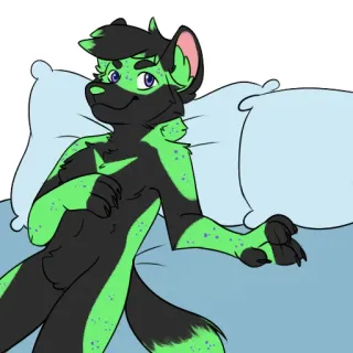 🤗 furry, anthro, feline, relaxing, bed, green fur, cute telegram sticker