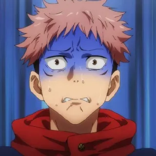 ☁️ Yuji Itadori Jujutsu Kaisen anime, preocupado, nervioso, dibujos animados, cara azul, impactado, confundido, personaje telegram sticker