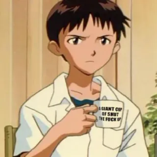 😐 Shinji Ikari Neon Genesis Evangelion A GIANT CUP OF SHUT THE FUCK UP アニメ, 漫画, キャラクター, カップ, 攻撃的, 新世紀エヴァンゲリオン, シンジ, 黙れ telegram sticker