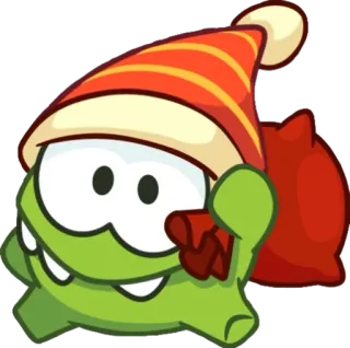 😉 Om Nom Cut the Rope Cartone animato, Verde, Natale, Cappello, Babbo Natale, Carino telegram sticker