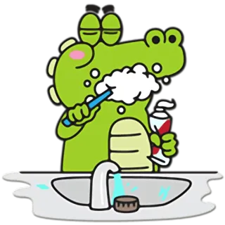 👄 crocodile, brushing teeth, sink, cartoon, hygiene, animal, bathroom telegram sticker