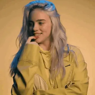 🌊 Billie Eilish Billie Eilish, piosenkarka, muzyk, gwiazda pop, celebrytka, blond włosy, żółta kurtka, muzyka telegram sticker