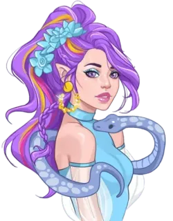 🧝‍♀ 여자, 뱀, 판타지, 엘프, 보라색 머리, 파란 드레스, 귀걸이 telegram sticker