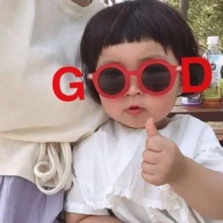 👍 GOOD Kind, Sonnenbrille, Daumen hoch, niedlich, rot, Text, GUT telegram sticker