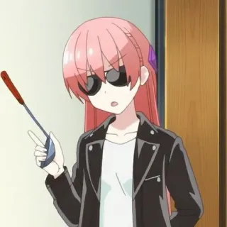 💈 anime, dibujos animados, gafas de sol, chaqueta, personaje, chica, utensilio de cocina, símbolo de la paz telegram sticker