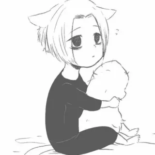 💛 Katzenohren, Kind, Sitzend, Zeichnung, Monochrom telegram sticker
