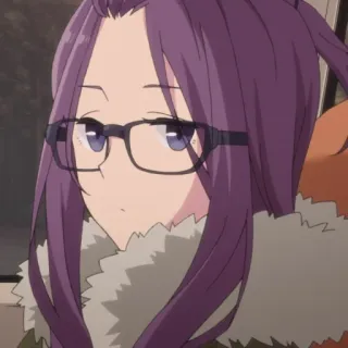 🤔 Anime Mädchen, lila Haare, Brille, Pelzkragen, Frau, Cartoon, Porträt telegram sticker