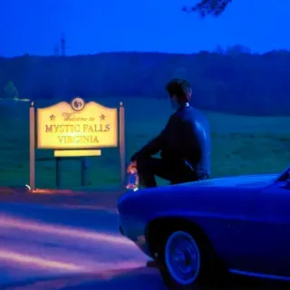 🩸 Welcome to Mystic Falls Virginia Mystic Falls, Virginia, Welcome sign, car, night telegram sticker