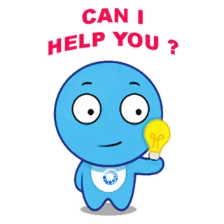 😊 CAN I HELP YOU? cartone animato, aiuto, domanda, lampadina, personaggio blu, assistenza telegram sticker