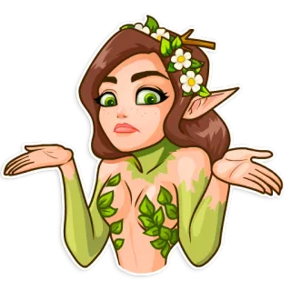 👀 elf, woman, fantasy, shrugging, nature, leaves, flower crown telegram sticker
