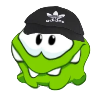🐸 Om Nom Cut the Rope adidas Cut the Rope, Ом Ном, зеленый монстр, мультяшный персонаж, мобильная игра, Adidas, шляпа telegram sticker