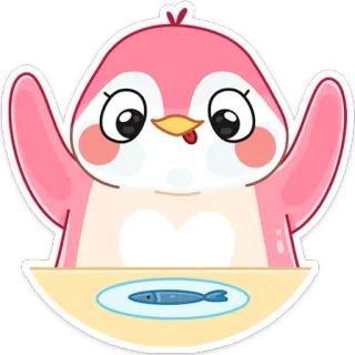 😋 penguin, cartoon, animal, cute, fish, food, plate, bird telegram sticker