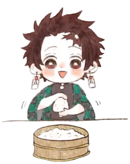 💖 Tanjiro Kamado Demon Slayer 动漫, 鬼灭之刃, 炭治郎, Q版, 可爱, 食物, 米饭 whatsapp sticker
