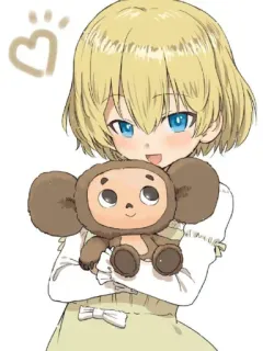 ❤️ Gabi Braun Attack on Titan anime girl, blonde hair, blue eyes, plushie, cheburashka, cute, holding doll, heart symbol telegram sticker