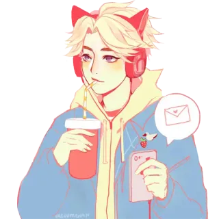 😙 chico anime, orejas de gato, auriculares, kawaii, lindo, arte digital, dibujo animado telegram sticker
