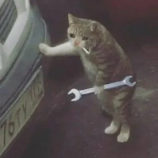 😿 chat, mécanicien, clé à molette, humour, cigarette, réparation auto, drôle, animal telegram sticker