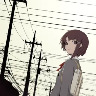 😐 anime, girl, school uniform, backpack, power lines, pole, daylight telegram sticker