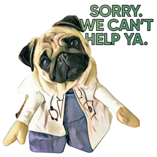 😌 SORRY. WE CAN'T HELP YA. 퍼그, 개, 수의사, 미안, 도움, 동물, 애완동물 telegram sticker