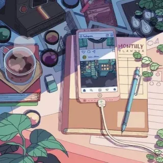 ✨ MONTHLY PLANNER 手帳, デスク, おしゃれ, デジタル, 植物, コーヒー, スマホ, ポラロイド telegram sticker