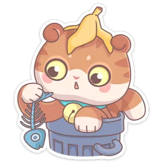 🗑 кот, мультфильм, милый, мусорное ведро, рыбный скелет, банановая кожура telegram sticker