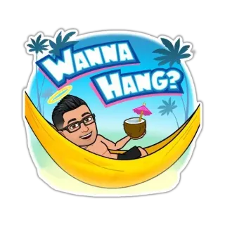 😌 WANNA HANG? гамак, пляж, отдых, лето, тропический, отпуск, мультфильм, кокос telegram sticker