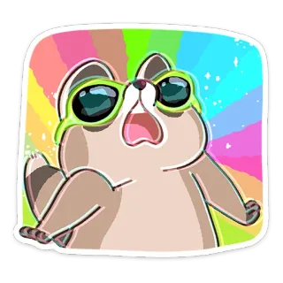 😔 rakun, binatang, kartun, kacamata hitam, berwarna-warni, imut whatsapp sticker