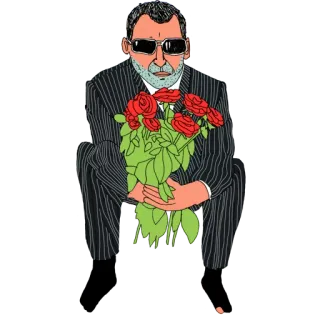 😍 hombre, rosas, traje de raya diplomática, gafas de sol, sentado, ramo, flores telegram sticker