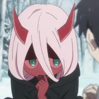 🥡 Zero Two Darling in the Franxx anime, Zero Two, Darling in the Franxx, pink hair, horns, cute telegram sticker
