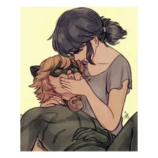 ❤ Chat Noir Miraculous Ladybug besos, dibujos animados, romance, gato, pareja telegram sticker