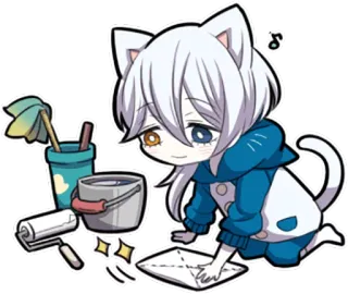 ♻ kot, anime, chibi, słodki, kawaii, sprzątanie, malowanie telegram sticker