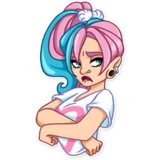 😒 Cartoonfigur, Weiblich, Attitüde, Pinke Haare, Blaue Haare, Ohrringe, Illustration, Digitale Kunst telegram sticker