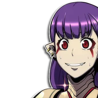 😅 anime, woman, purple hair, fangs, red eyes, smiling telegram sticker