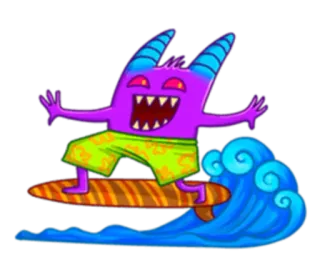 🏄 Monster, Surfen, Cartoon, Lila, Welle, Strand, Urlaub, Spaß whatsapp sticker