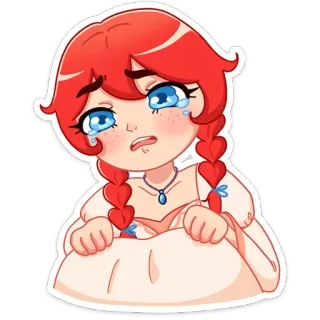 😭 การ์ตูน, อนิเมะ, ผู้หญิง, ร้องไห้, ผมแดง, ถักเปีย, เศร้า whatsapp sticker