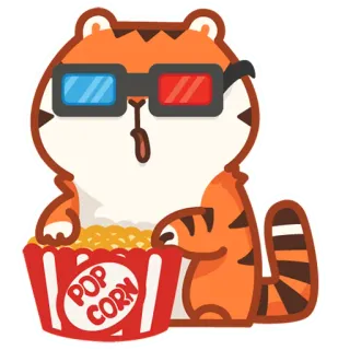 🍿 POP CORN tiger, popcorn, movie, 3d glasses, cartoon, animal, watching movie, cinema telegram sticker