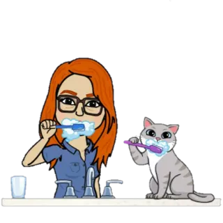 🚰 brushing teeth, hygiene, cat, woman, toothbrush, cartoon, bitmoji telegram sticker