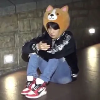 🦔 사람, 코기 모자, 앉아있는, 청바지, 운동화, 실내 telegram sticker