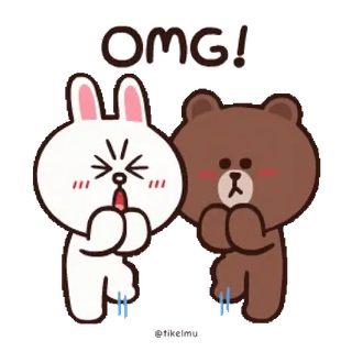😱 OMG! OMG, coelho, urso, surpresa, chocado, Line Friends telegram sticker