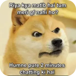 😒 Doge Doge Meme Riya kya matlb hai tum meri gf nahi ho? Humne pure 2 minutes chatting ki hai telegram sticker