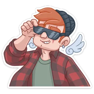 😎 cartone animato, uomo, occhiali da sole, camicia di flanella, berretto, ali whatsapp sticker