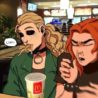 👨‍❤️‍💋‍👨 uwu hoạt hình, ăn, khoai tây chiên, McDonald's, anime telegram sticker